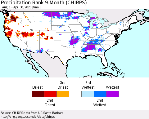 United States Precipitation Rank 9-Month (CHIRPS) Thematic Map For 8/1/2019 - 4/30/2020
