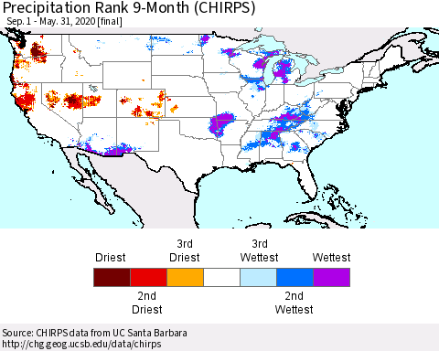 United States Precipitation Rank 9-Month (CHIRPS) Thematic Map For 9/1/2019 - 5/31/2020