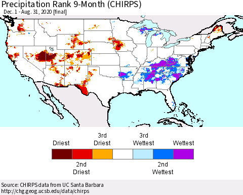 United States Precipitation Rank 9-Month (CHIRPS) Thematic Map For 12/1/2019 - 8/31/2020
