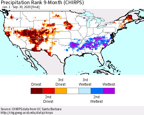 United States Precipitation Rank 9-Month (CHIRPS) Thematic Map For 1/1/2020 - 9/30/2020