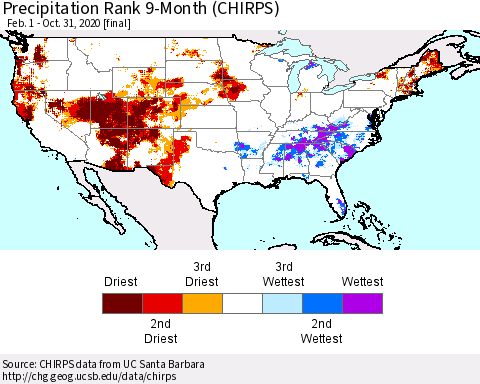 United States Precipitation Rank 9-Month (CHIRPS) Thematic Map For 2/1/2020 - 10/31/2020