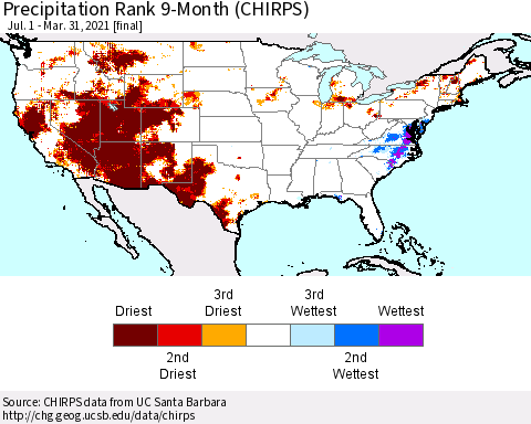 United States Precipitation Rank since 1981, 9-Month (CHIRPS) Thematic Map For 7/1/2020 - 3/31/2021