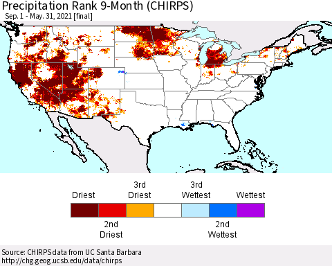 United States Precipitation Rank since 1981, 9-Month (CHIRPS) Thematic Map For 9/1/2020 - 5/31/2021