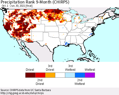 United States Precipitation Rank since 1981, 9-Month (CHIRPS) Thematic Map For 10/1/2020 - 6/30/2021