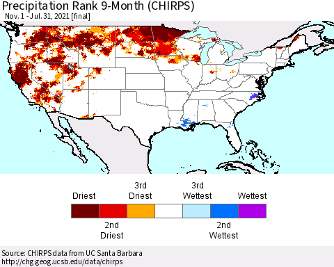 United States Precipitation Rank 9-Month (CHIRPS) Thematic Map For 11/1/2020 - 7/31/2021