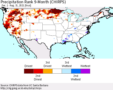 United States Precipitation Rank 9-Month (CHIRPS) Thematic Map For 12/1/2020 - 8/31/2021