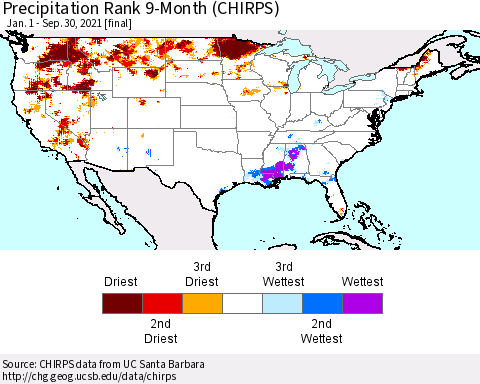 United States Precipitation Rank 9-Month (CHIRPS) Thematic Map For 1/1/2021 - 9/30/2021