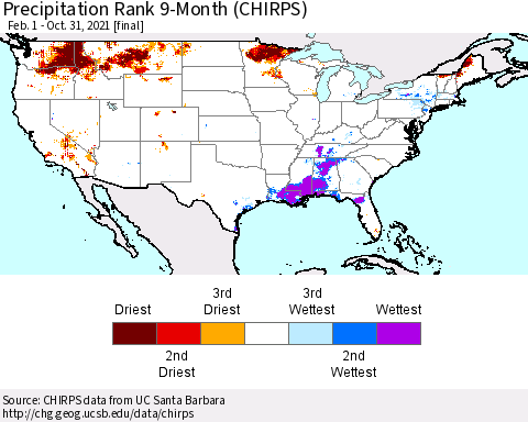 United States Precipitation Rank 9-Month (CHIRPS) Thematic Map For 2/1/2021 - 10/31/2021