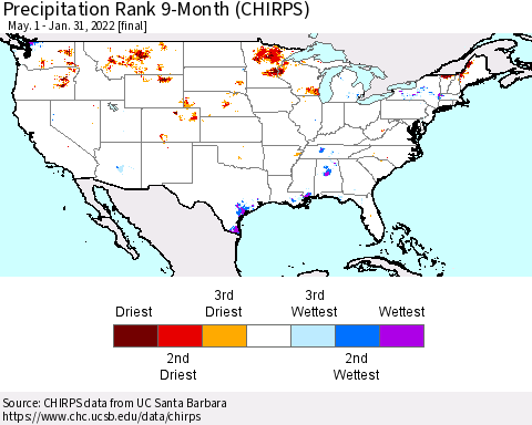 United States Precipitation Rank 9-Month (CHIRPS) Thematic Map For 5/1/2021 - 1/31/2022