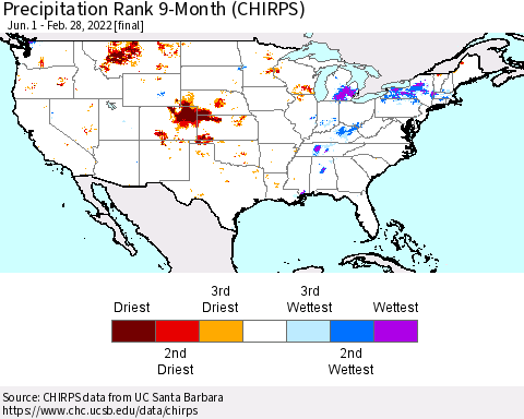 United States Precipitation Rank since 1981, 9-Month (CHIRPS) Thematic Map For 6/1/2021 - 2/28/2022