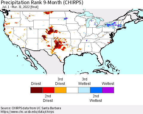United States Precipitation Rank since 1981, 9-Month (CHIRPS) Thematic Map For 7/1/2021 - 3/31/2022