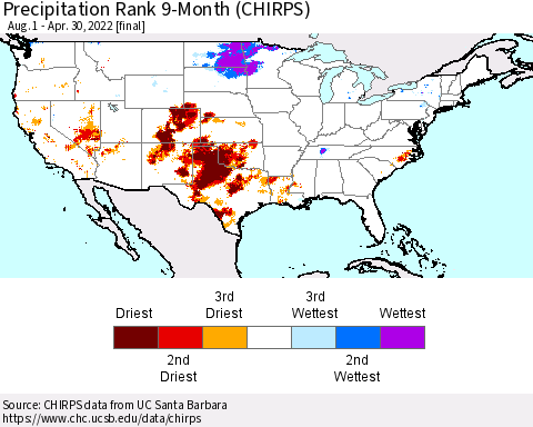 United States Precipitation Rank since 1981, 9-Month (CHIRPS) Thematic Map For 8/1/2021 - 4/30/2022