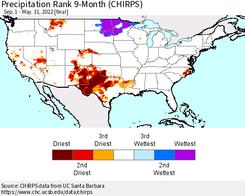 United States Precipitation Rank since 1981, 9-Month (CHIRPS) Thematic Map For 9/1/2021 - 5/31/2022