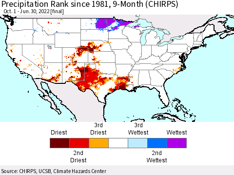 United States Precipitation Rank since 1981, 9-Month (CHIRPS) Thematic Map For 10/1/2021 - 6/30/2022