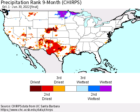 United States Precipitation Rank since 1981, 9-Month (CHIRPS) Thematic Map For 10/1/2021 - 6/30/2022