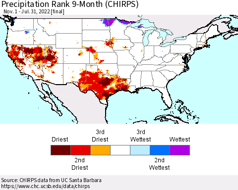 United States Precipitation Rank since 1981, 9-Month (CHIRPS) Thematic Map For 11/1/2021 - 7/31/2022