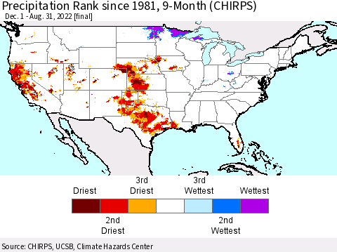 United States Precipitation Rank since 1981, 9-Month (CHIRPS) Thematic Map For 12/1/2021 - 8/31/2022