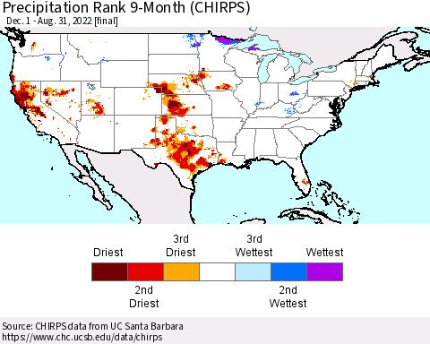 United States Precipitation Rank 9-Month (CHIRPS) Thematic Map For 12/1/2021 - 8/31/2022