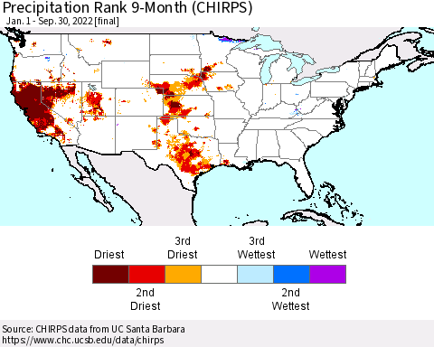 United States Precipitation Rank 9-Month (CHIRPS) Thematic Map For 1/1/2022 - 9/30/2022