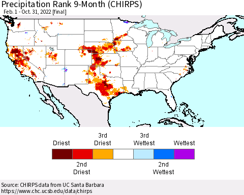 United States Precipitation Rank 9-Month (CHIRPS) Thematic Map For 2/1/2022 - 10/31/2022
