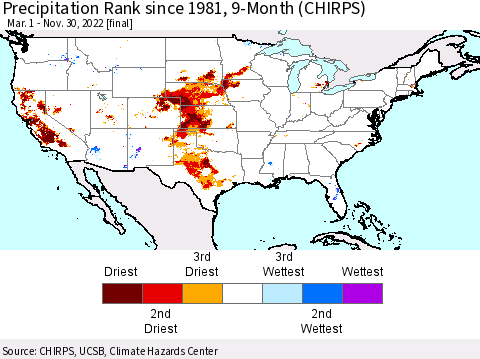 United States Precipitation Rank since 1981, 9-Month (CHIRPS) Thematic Map For 3/1/2022 - 11/30/2022