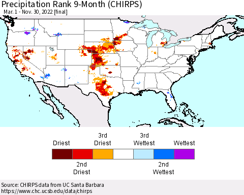 United States Precipitation Rank since 1981, 9-Month (CHIRPS) Thematic Map For 3/1/2022 - 11/30/2022