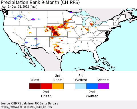 United States Precipitation Rank since 1981, 9-Month (CHIRPS) Thematic Map For 4/1/2022 - 12/31/2022