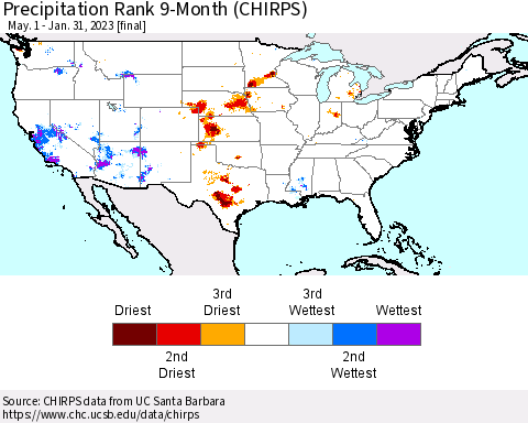 United States Precipitation Rank 9-Month (CHIRPS) Thematic Map For 5/1/2022 - 1/31/2023