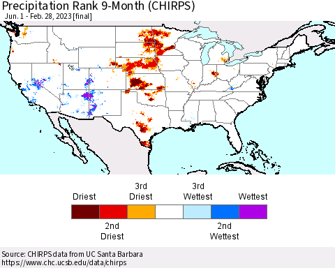 United States Precipitation Rank since 1981, 9-Month (CHIRPS) Thematic Map For 6/1/2022 - 2/28/2023