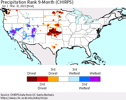 United States Precipitation Rank since 1981, 9-Month (CHIRPS) Thematic Map For 7/1/2022 - 3/31/2023