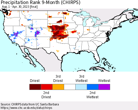 United States Precipitation Rank since 1981, 9-Month (CHIRPS) Thematic Map For 8/1/2022 - 4/30/2023