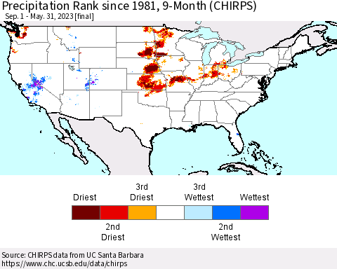 United States Precipitation Rank since 1981, 9-Month (CHIRPS) Thematic Map For 9/1/2022 - 5/31/2023