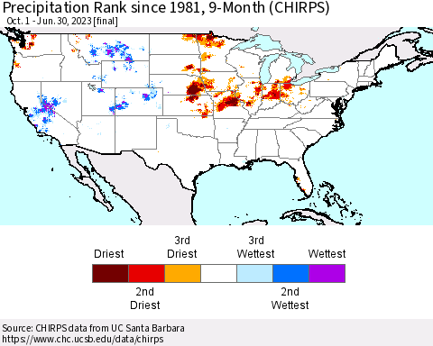 United States Precipitation Rank since 1981, 9-Month (CHIRPS) Thematic Map For 10/1/2022 - 6/30/2023