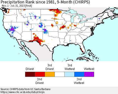 United States Precipitation Rank since 1981, 9-Month (CHIRPS) Thematic Map For 11/1/2022 - 7/31/2023