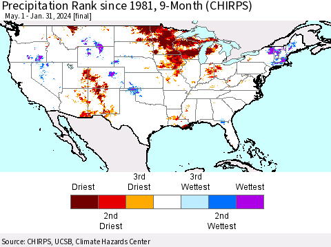 United States Precipitation Rank since 1981, 9-Month (CHIRPS) Thematic Map For 5/1/2023 - 1/31/2024