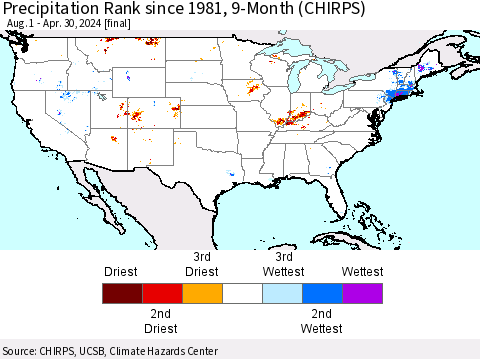 United States Precipitation Rank since 1981, 9-Month (CHIRPS) Thematic Map For 8/1/2023 - 4/30/2024