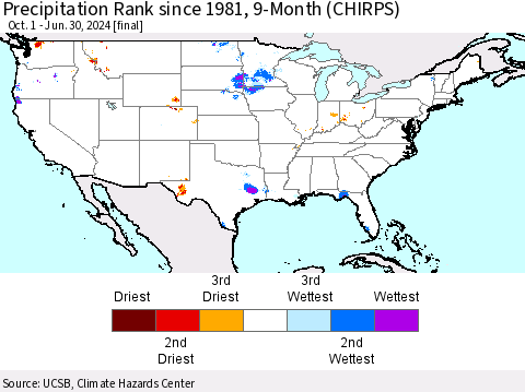 United States Precipitation Rank since 1981, 9-Month (CHIRPS) Thematic Map For 10/1/2023 - 6/30/2024
