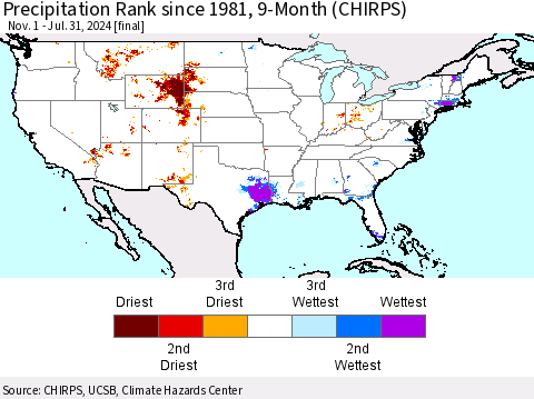 United States Precipitation Rank since 1981, 9-Month (CHIRPS) Thematic Map For 11/1/2023 - 7/31/2024