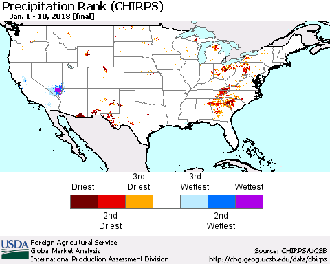United States Precipitation Rank since 1981 (CHIRPS) Thematic Map For 1/1/2018 - 1/10/2018