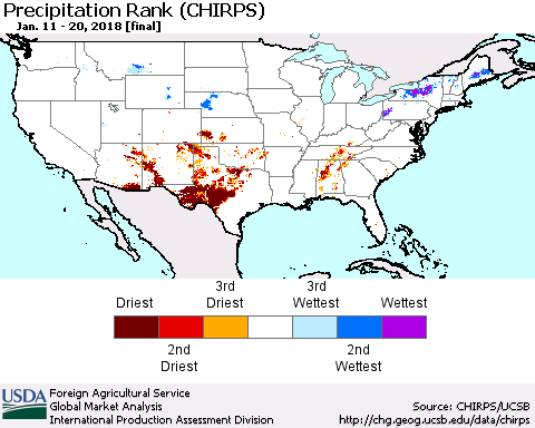 United States Precipitation Rank since 1981 (CHIRPS) Thematic Map For 1/11/2018 - 1/20/2018