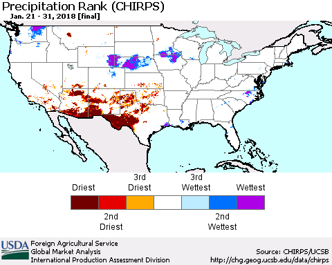United States Precipitation Rank since 1981 (CHIRPS) Thematic Map For 1/21/2018 - 1/31/2018