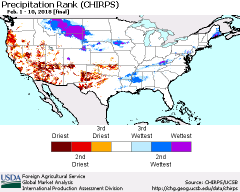 United States Precipitation Rank since 1981 (CHIRPS) Thematic Map For 2/1/2018 - 2/10/2018