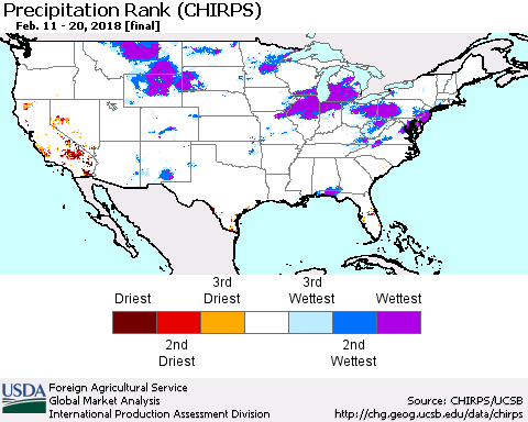United States Precipitation Rank since 1981 (CHIRPS) Thematic Map For 2/11/2018 - 2/20/2018
