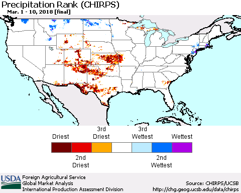United States Precipitation Rank since 1981 (CHIRPS) Thematic Map For 3/1/2018 - 3/10/2018