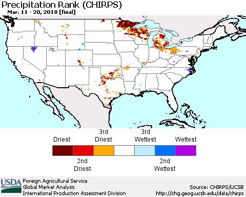 United States Precipitation Rank since 1981 (CHIRPS) Thematic Map For 3/11/2018 - 3/20/2018