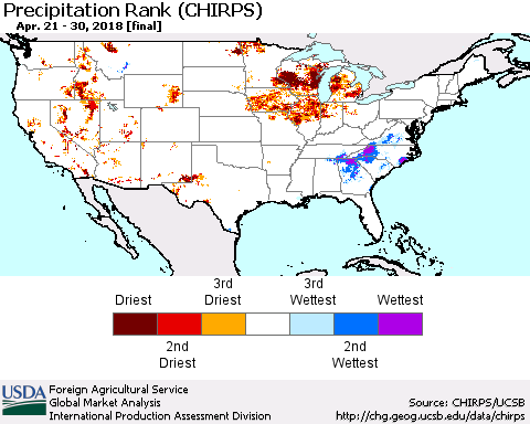 United States Precipitation Rank since 1981 (CHIRPS) Thematic Map For 4/21/2018 - 4/30/2018