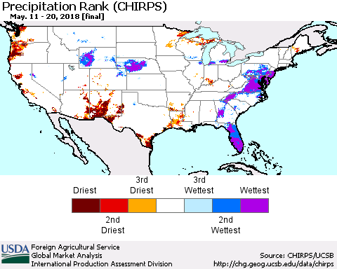 United States Precipitation Rank since 1981 (CHIRPS) Thematic Map For 5/11/2018 - 5/20/2018