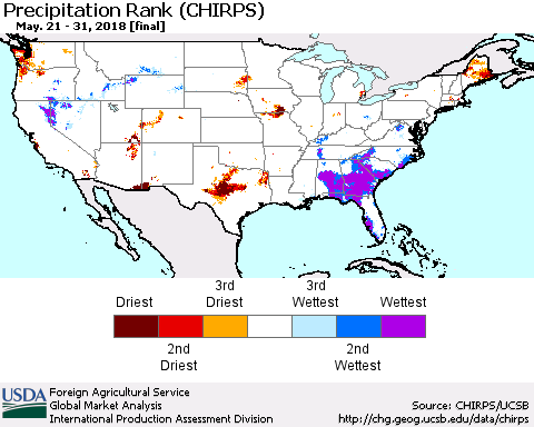 United States Precipitation Rank since 1981 (CHIRPS) Thematic Map For 5/21/2018 - 5/31/2018