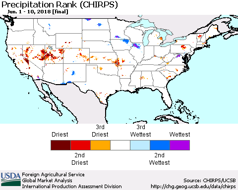 United States Precipitation Rank since 1981 (CHIRPS) Thematic Map For 6/1/2018 - 6/10/2018
