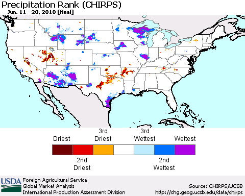 United States Precipitation Rank since 1981 (CHIRPS) Thematic Map For 6/11/2018 - 6/20/2018